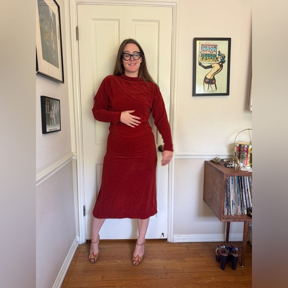 30s Vintage Orange  Velvet Long Sleeve Dress